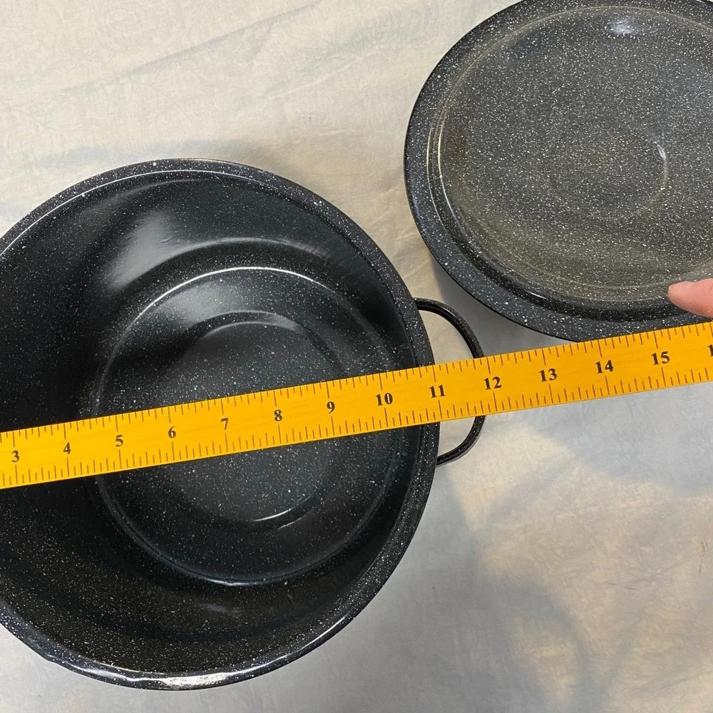 Vintage Black Speckled Enamelware Stock Pot Canner Dutch‎ Oven w Lid 10 Qt